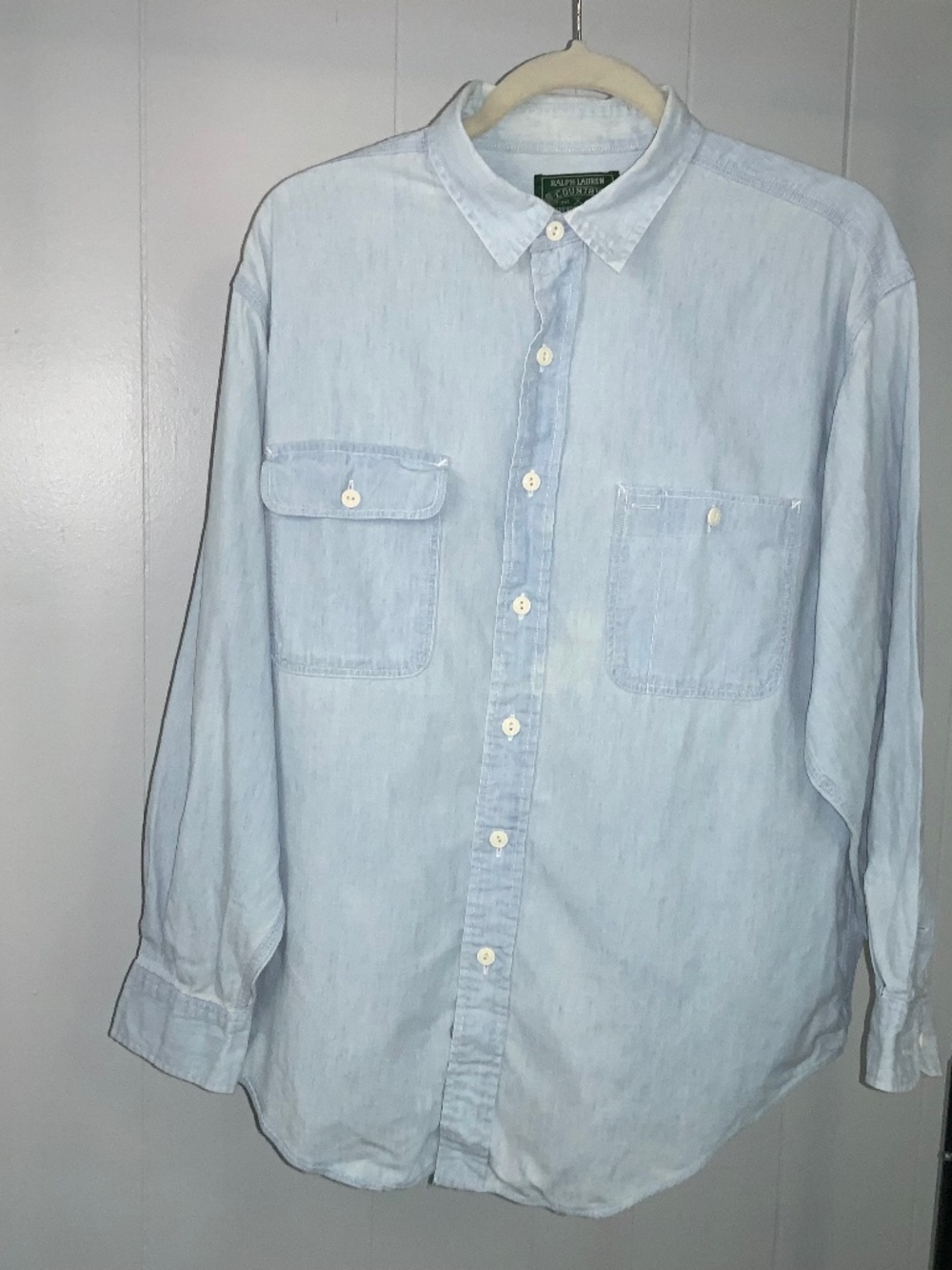 Ralph Lauren Country light wash button front chambray utility work shirt Sz L vi